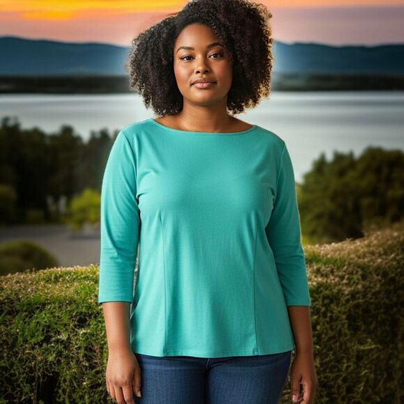 Laura Byrnes Zipper Back Top 4X Plus Size Blouse Aqua Pinup Girl Jersey Knit - Picture 15 of 16